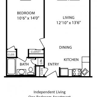 Floor plan of a one-bedroom independent living apartment, featuring designated areas for the bedroom, living room, kitchen, dining, and bathroom.