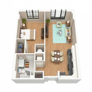 3D floor plan of a one-bedroom apartment featuring a living room, kitchen, and bathroom.