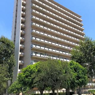 A high-rise apartment building surrounded by lush green trees on a clear day.