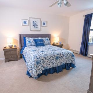 A serene and stylish bedroom featuring a blue-themed bedspread and matching decor.
