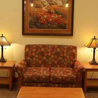 A cozy living room setting with a floral-patterned sofa, two lamps on side tables, and a landscape painting above.