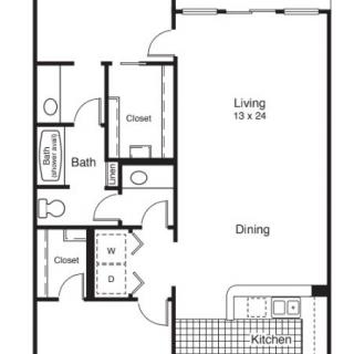 A floor plan of an apartment featuring a living room, kitchen, bathroom, and closets.