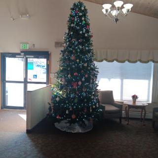 A beautifully decorated Christmas tree stands in the lobby, creating a festive ambiance.