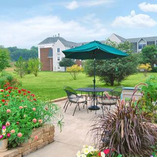 A serene garden patio with a table and chairs, shaded by an umbrella, surrounded by lush greenery and colorful flowers.