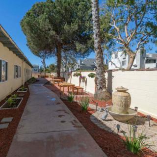 A tranquil outdoor pathway lined with trees and decorative landscaping.