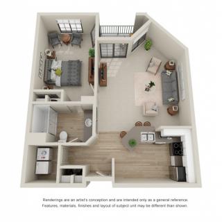 A 3D floor plan of a one-bedroom apartment featuring a spacious living room, kitchen, and bathroom.