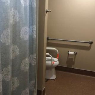 An accessible bathroom featuring a toilet with handrails and a shower curtain.