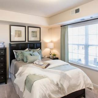 A well-decorated bedroom with a cozy bed, bedside lamp, and framed artwork on the wall.