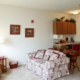 A cozy living space with a patterned sofa and a small kitchenette area.