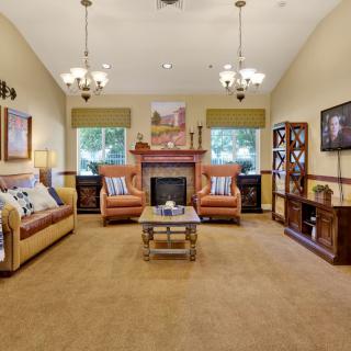 A cozy living room featuring a warm fireplace, comfortable sofas, and elegant lighting.