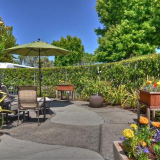 A sunny patio with comfortable outdoor seating, surrounded by lush greenery and vibrant flowers.