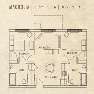 Magnolia apartment floor plan with 2 bedrooms and 2 bathrooms, covering 805 square feet.