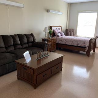 A cozy room featuring a sofa, bed, and coffee table under natural light.