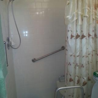 An accessible shower with a grab bar and shower curtain.