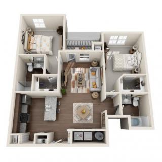 A 3D-rendered floor plan of an apartment with multiple rooms, including bedrooms, bathrooms, and living areas.
