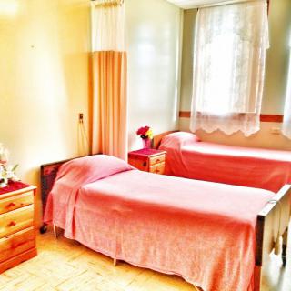 A cozy bedroom with two twin beds, decorated in warm tones and natural light streaming through the window.