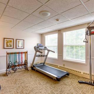 A cozy home gym featuring a treadmill and other exercise equipment.