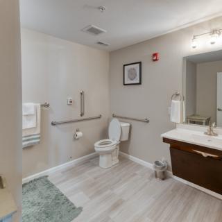 A modern, accessible bathroom with grab bars and a clean design.