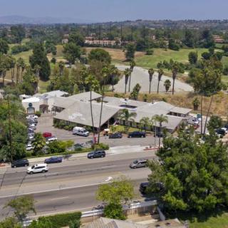 Aerial view of a suburban area with buildings and a road lined with trees.