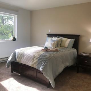 A cozy bedroom with a neatly made bed and a side table lamp next to a window.