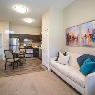 A modern apartment featuring an open-concept living room and kitchen with stylish furnishings.