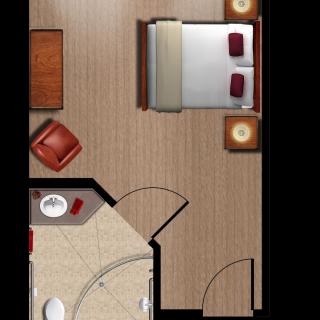 A floor plan of a small bedroom with an adjoining bathroom, featuring a bed, nightstands, and an armchair.