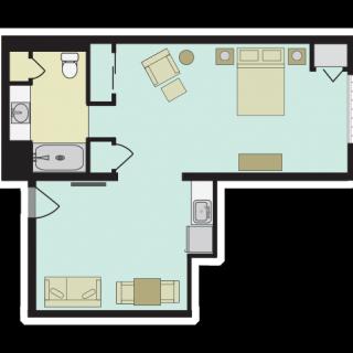 A floor plan of a one-bedroom apartment showing the layout and arrangement of rooms.