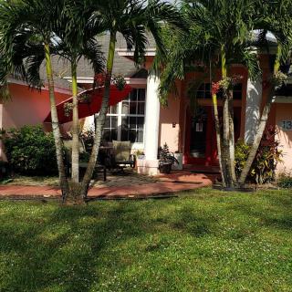 A charming house with a lush front yard, featuring palm trees and outdoor seating.