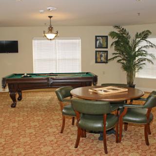 A cozy recreation room featuring a pool table, dining area, and decorative plant.