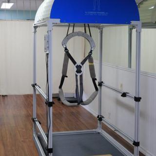 A rehabilitation harness system used for physical therapy on a treadmill.