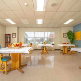 A bright dining room with tables and chairs arranged neatly, featuring large windows and decorative elements.