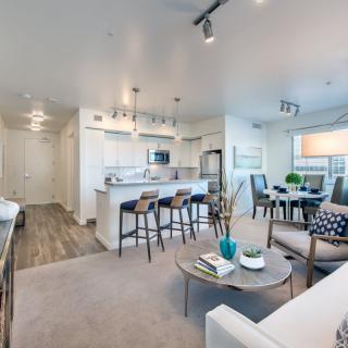 A modern open-concept apartment featuring a living room, kitchen, and dining area.