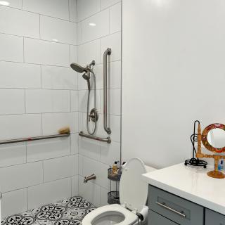 A modern bathroom featuring a walk-in shower with grab bars, a toilet, and a countertop with a sink and mirror.