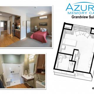 A visual overview of a memory care suite at Azure, featuring images of the bedroom and bathroom along with a detailed floor plan.