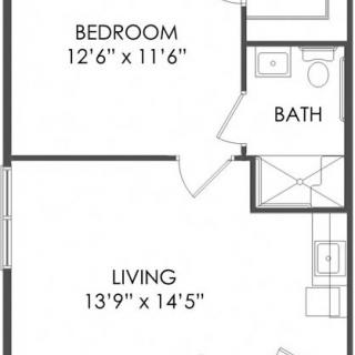 A floor plan of a one-bedroom apartment with specified dimensions for the living room and bedroom.