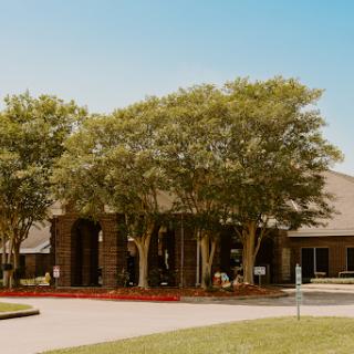 A welcoming view of a building surrounded by lush trees on a bright, sunny day.