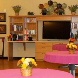 A cozy living room with a television and bookshelves, decorated with plants and flowers.
