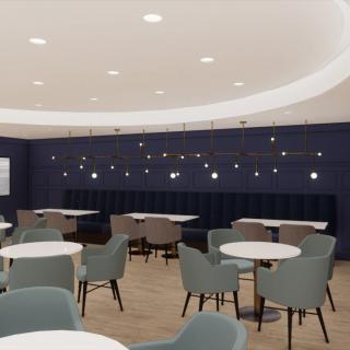 A modern cafe interior with sleek seating and contemporary lighting.