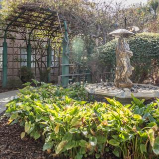 A serene garden scene featuring a fountain with a statue surrounded by lush foliage and an arched trellis.
