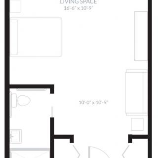 A floor plan illustrating a compact living space with designated areas.