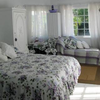 A cozy bedroom with floral patterned bedding and abundant natural light.