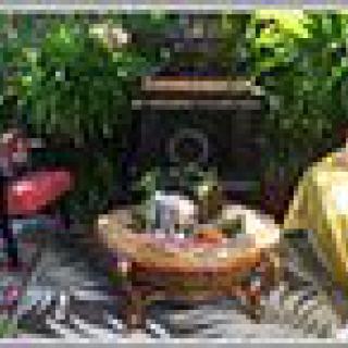 Cozy outdoor seating area surrounded by lush greenery.