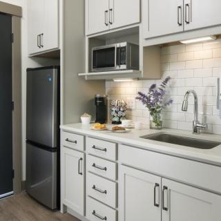 A modern kitchen interior featuring sleek cabinetry, a microwave, refrigerator, coffee maker, and a clean countertop with a decorative plant.