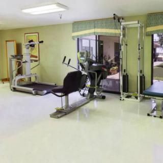 A gym room with various exercise equipment including a treadmill and weight machines.