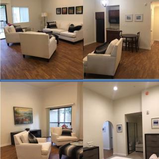 A modern living space featuring a comfortable seating area and adjoining dining section with wood flooring.