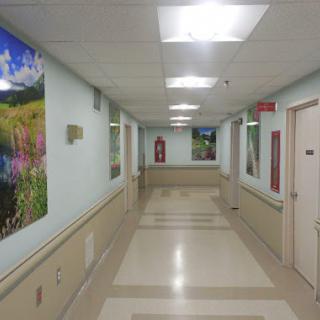 A well-lit hospital hallway featuring colorful wall decorations and a clean design.