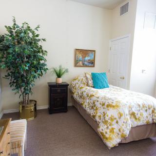 A cozy bedroom with a single bed and decorative elements.