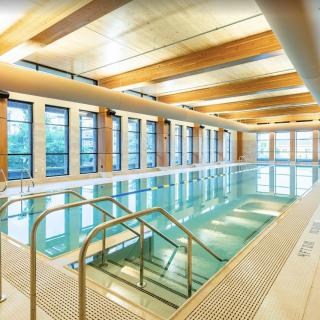 A modern indoor swimming pool with ample natural light and wooden accents.