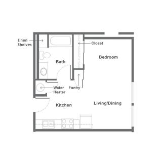 Floor plan of a one-bedroom apartment with labeled living/dining area, kitchen, bathroom, and closet.
