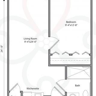 A floor plan of a one-bedroom apartment layout.